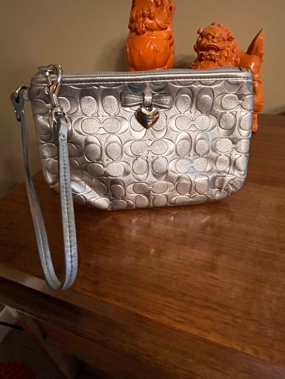 Coach Silver Embossed Heart Wristlet/Clutch Purse